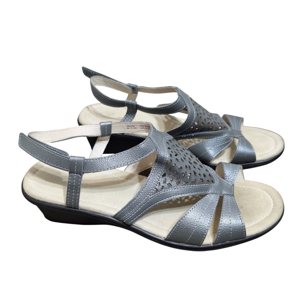 Propet Womens Size 11 Wide Silver Metallic Leather Laser Cut Wedge Sandals WC306
